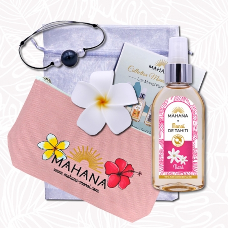 Caja de regalo de perlas y Monoï de Tahití.